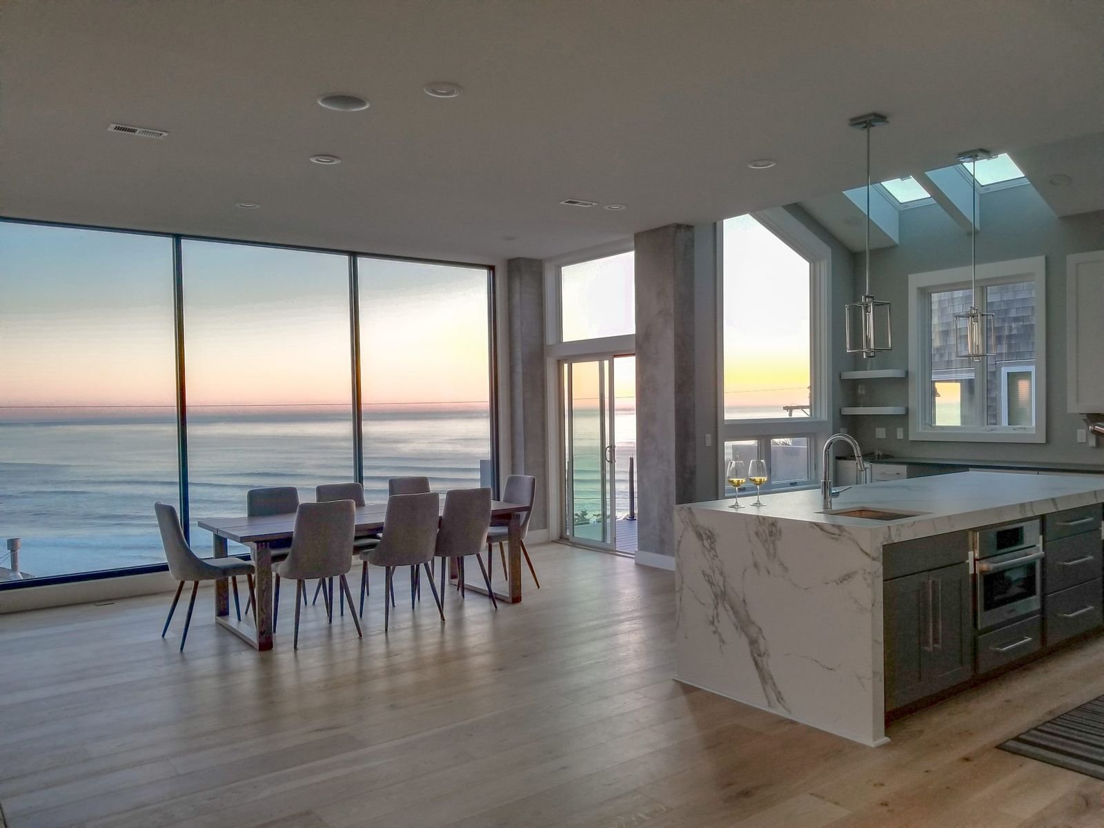 Coastal beach house interior woodwork with ocean view