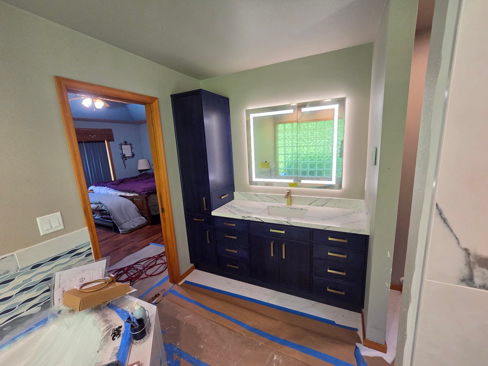 Blue dye finish on cherry vanity detail
