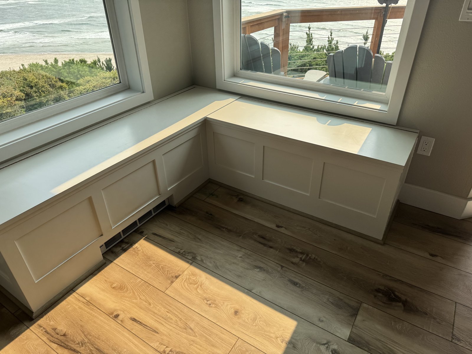 Built-in bench raised panel detail with ocean view